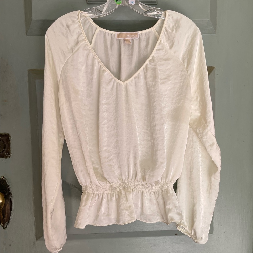 MICHAEL KORS White V-Neck Elastic Waist Blouse M